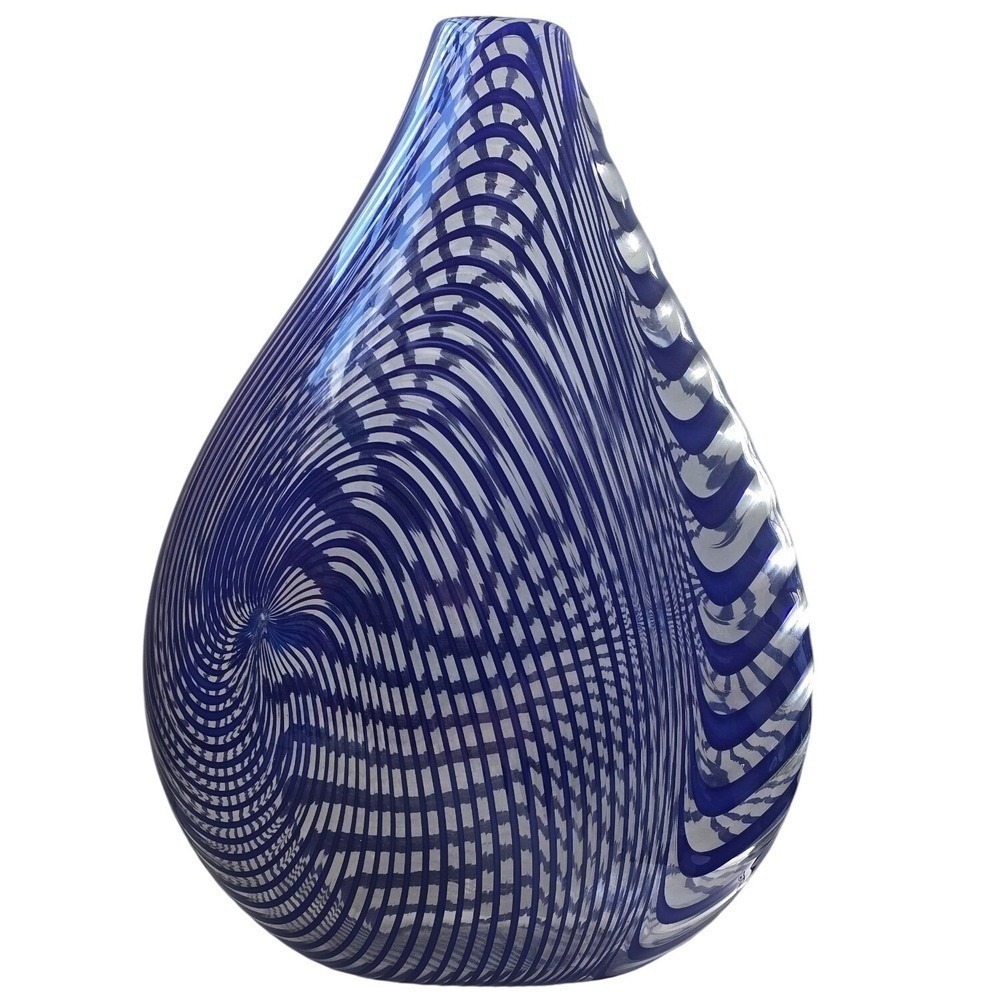 Rare Signed Murano Art Glass by Orlando Zennaro – Blue Latticino Swirl Vase